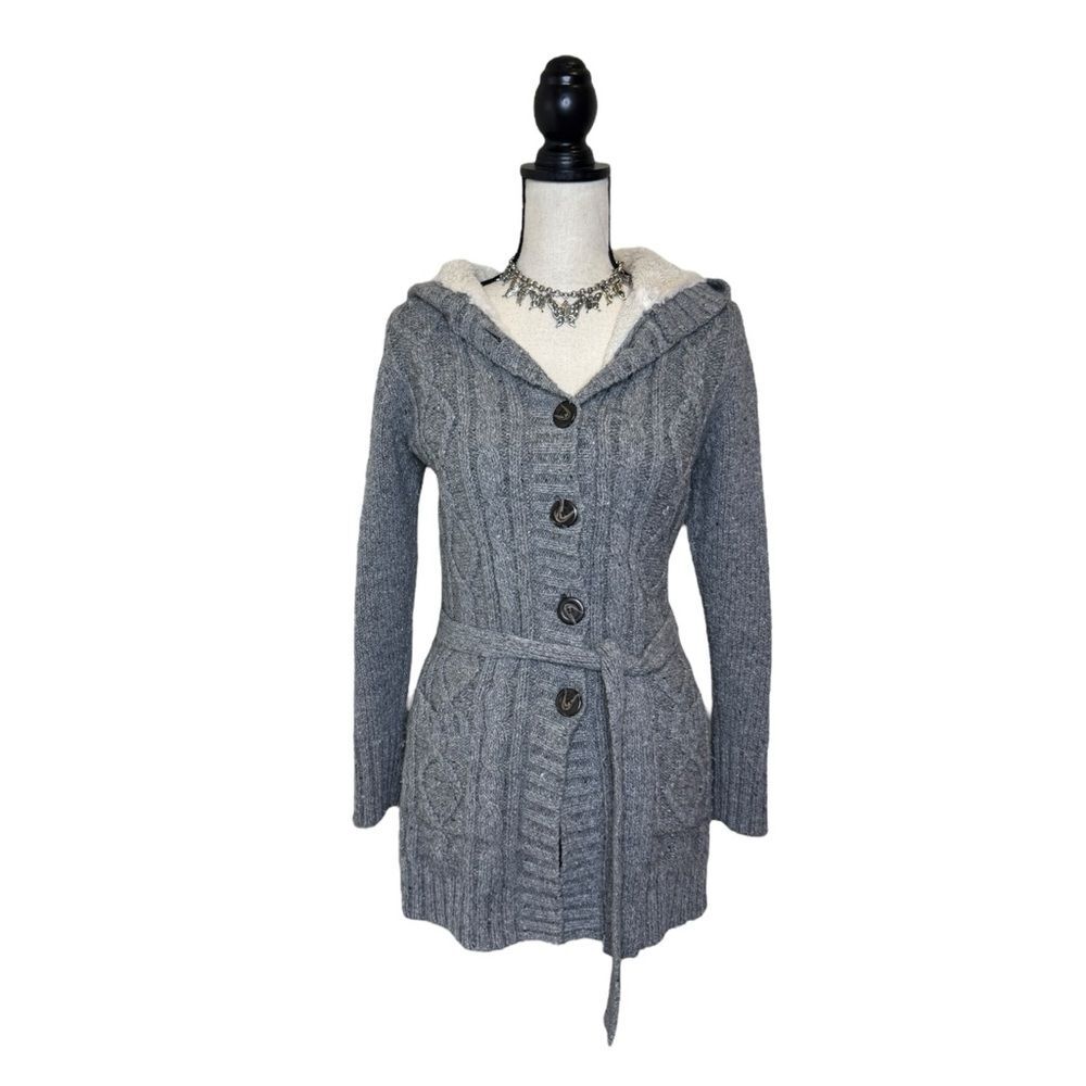 Y2K Abercrombie Cable Knit Wool Gray Long Faux Fur Lined Cardigan Size Small
